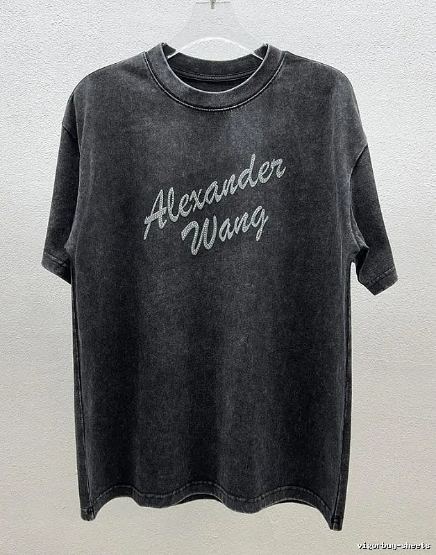 Alexander Wang Distressed Charcoal Gray Rhinestone-embellished Short Sleeve T-Shirt