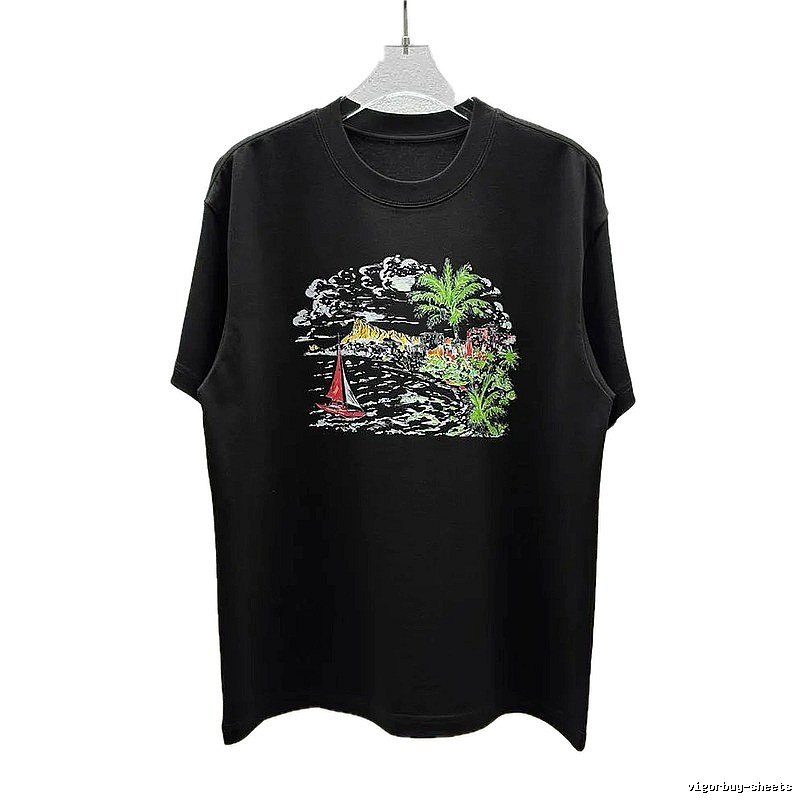 AW Seaside Print Vacation Style Black Short Sleeve T-Shirt