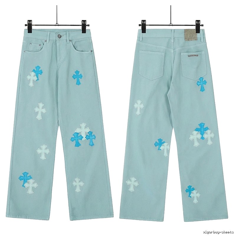 Chrome Hearts Cross Trend Brand Light Blue Jeans