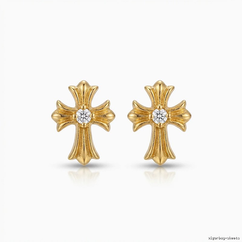 Chrome Hearts Gold Cross Flower Stud Earrings
