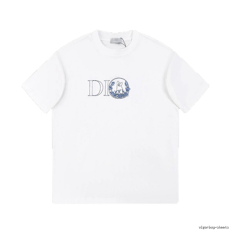 Dior Cat-Embroidered Light Luxury Style White Short-sleeve T-shirt