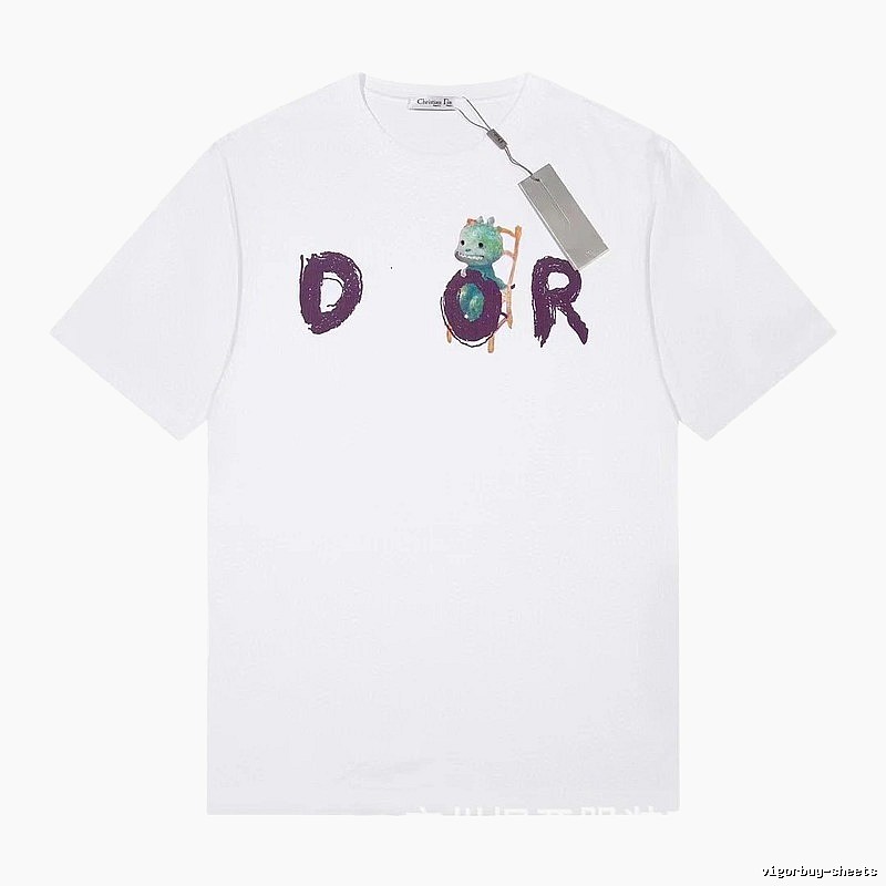 Dior Dinosaur Graffiti Cool Trendy White Short-sleeve T-shirt