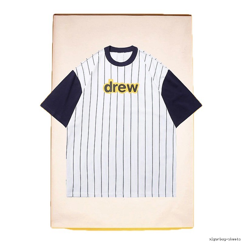 DREW Letter Print Street Style White and Navy Blue Short Sleeve T-Shirt