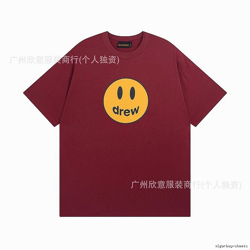 DREW Smiley Face Streetwear Style Burgundy Short Sleeve T-Shirt