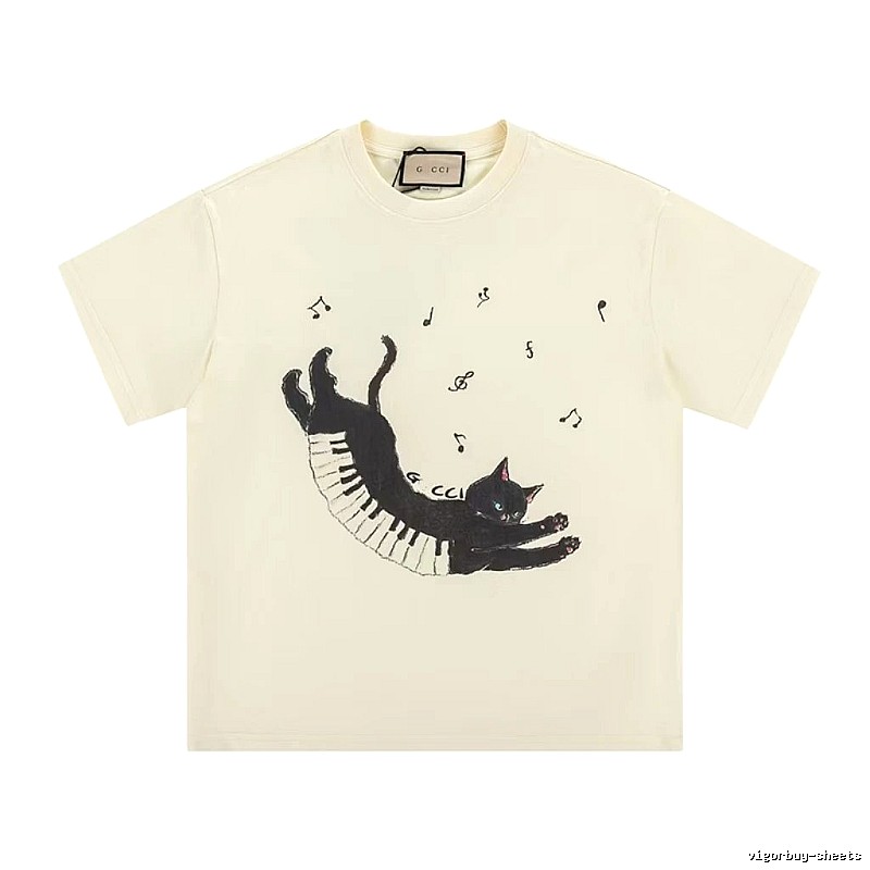 Gucci Artistic Style Cat Print Off-white Short-sleeve T-shirt