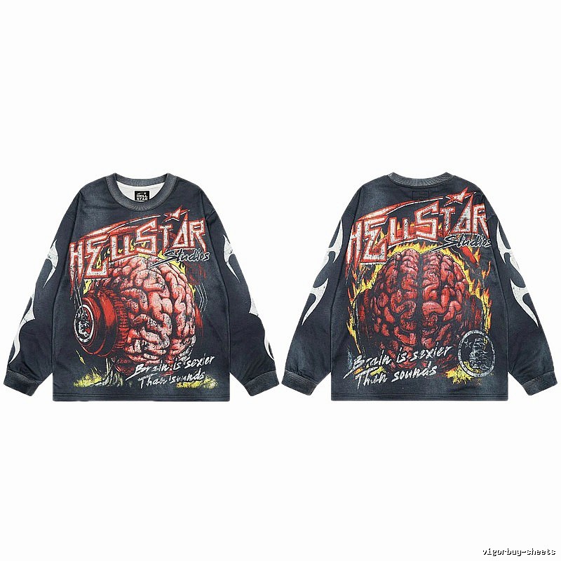 Hellstar Brain Print Street Style Charcoal Black Long-Sleeve T-Shirt