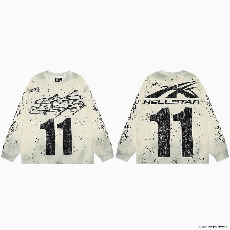 Hellstar No.11 Distressed Street Style Off-white Long Sleeve T-shirt