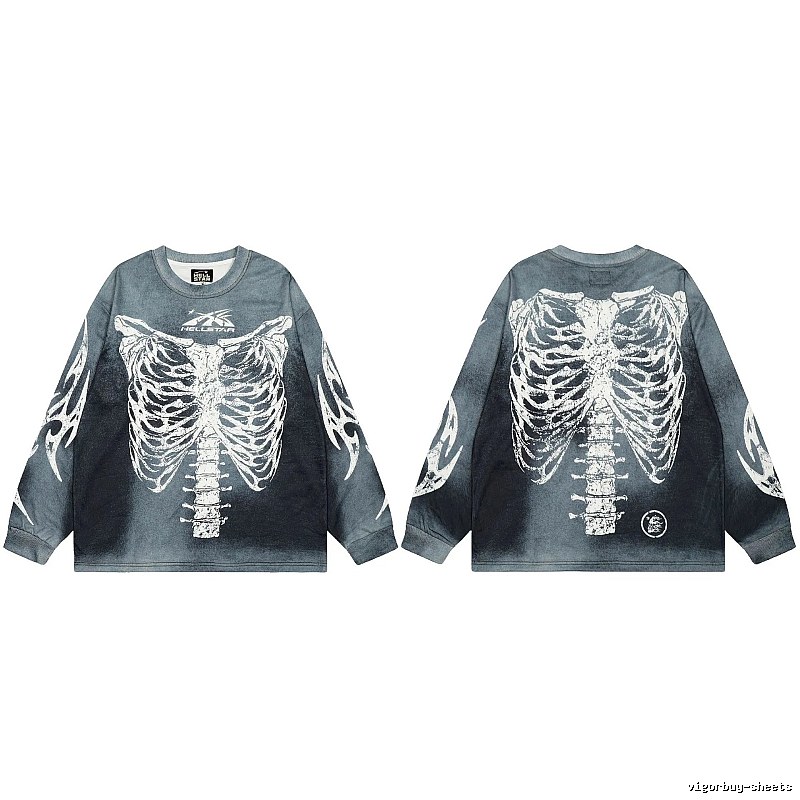 Hellstar Skull Print Street Style Vintage Grey Long Sleeve T-shirt