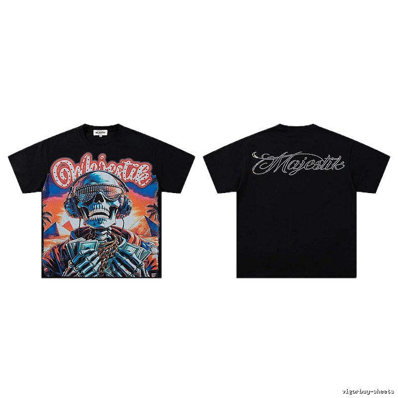 MAJESTIK Skull Print Hip-hop Style Black T-shirt