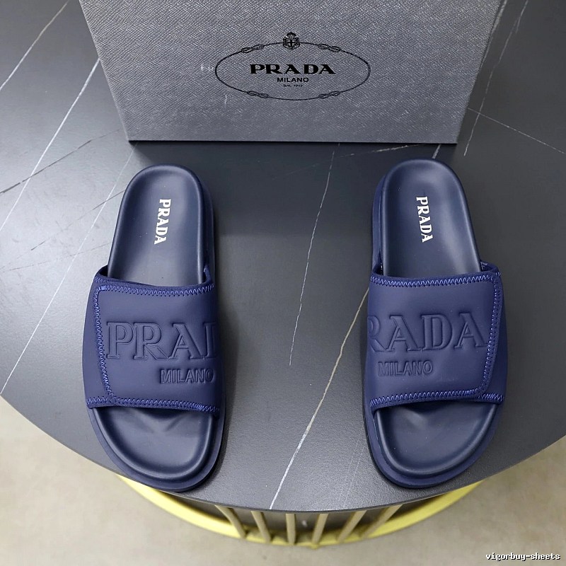 Prada Embossed Collection Minimalist Style Dark Blue Slide Sandals