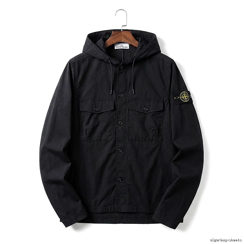 Stone Island Workwear Style Black Hooded Coat