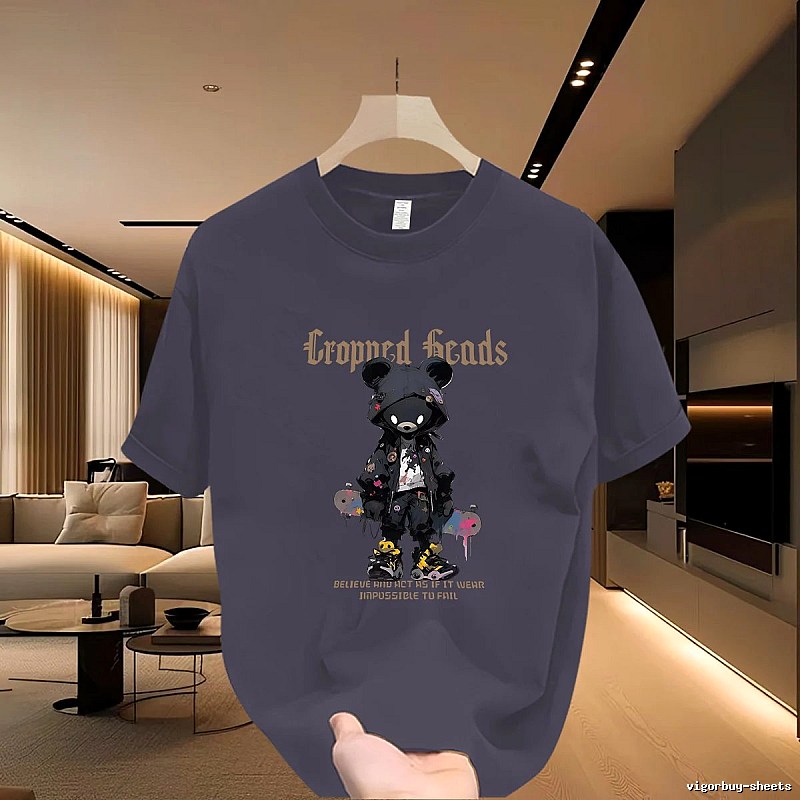 Streetwear Brand Dark Grey Street-style Short Sleeve T-shirt with Bear Print