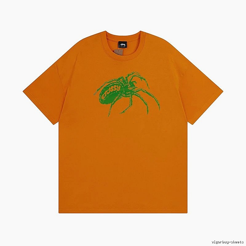 Stussy Orange Spider Graphic T-Shirt Streetwear Look Logo