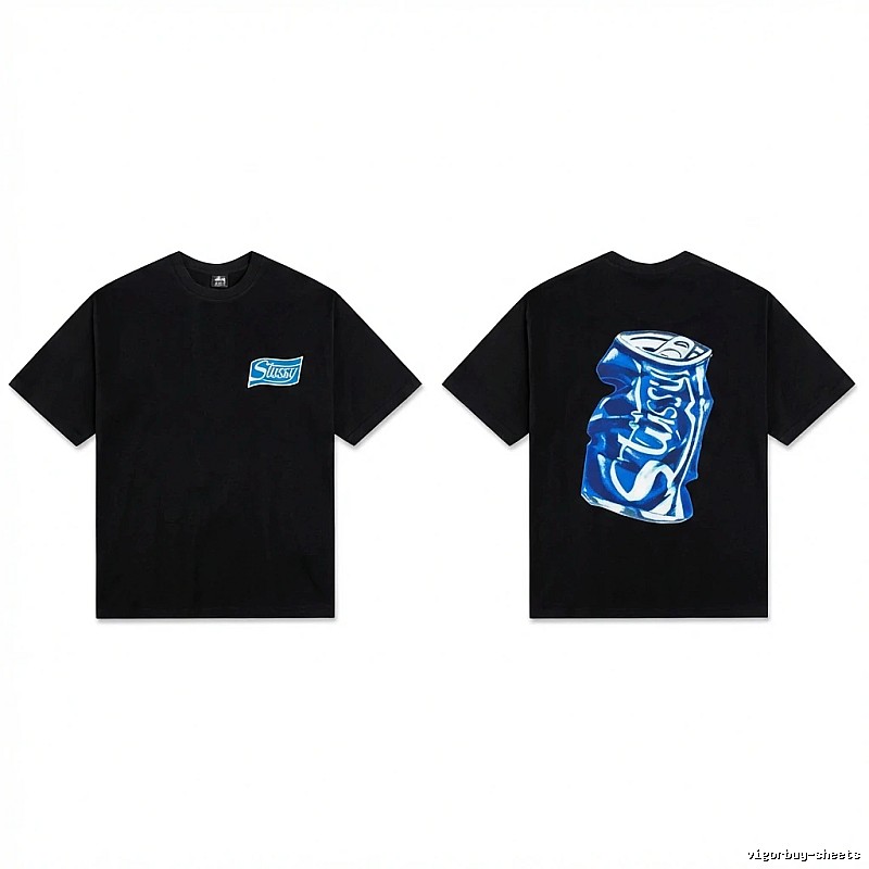 Stussy's black T-shirt with a can-style design