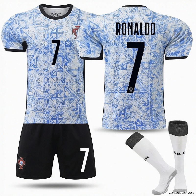 The No. 7 blue and white jersey of Portuguese Cristiano Ronaldo.