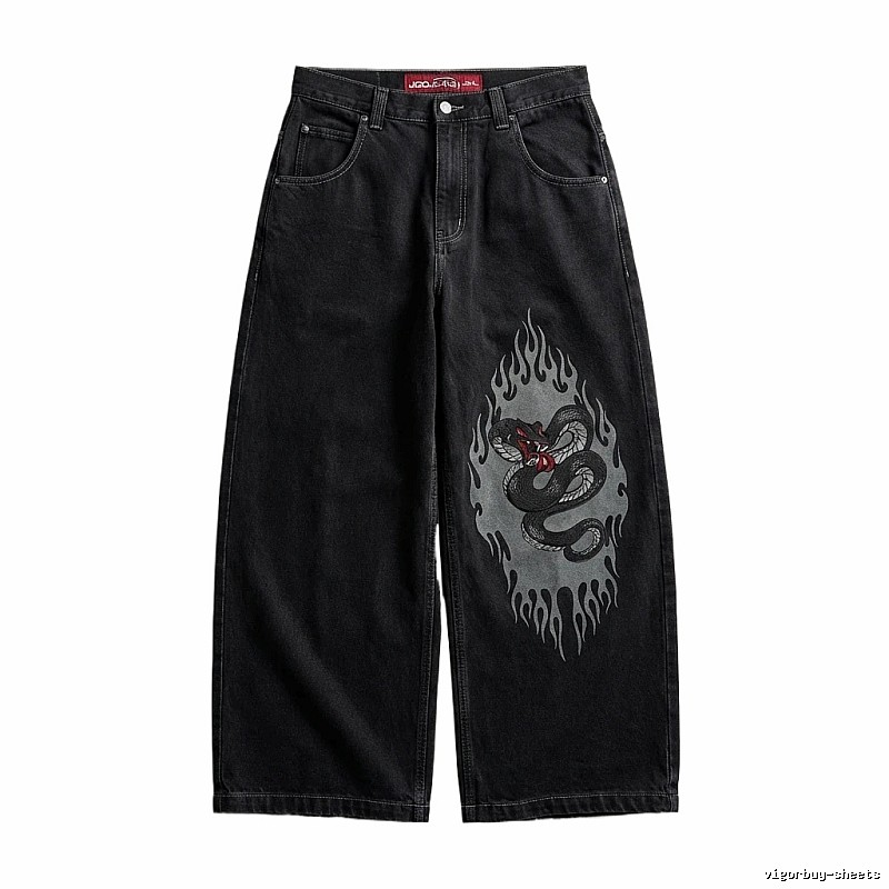 Y2K Flame Snake Print Black Jeans