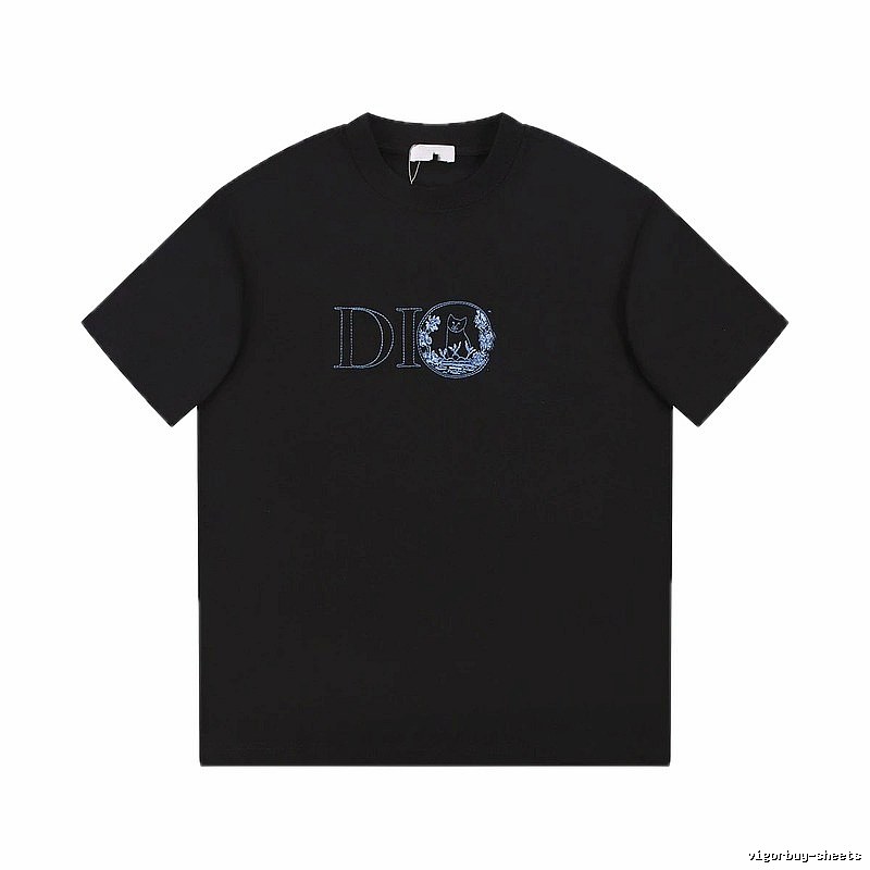 Dior Cat-Embroidered Casual Black T-Shirt